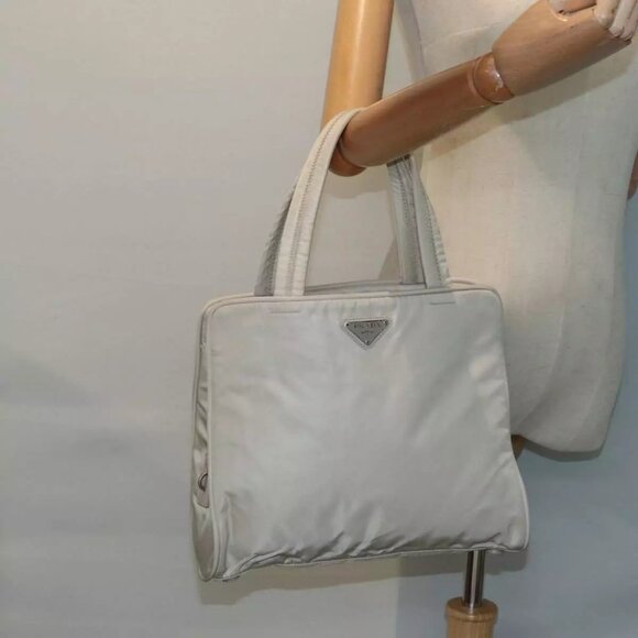 PRADA Hand Bag Nylon Beige Silver Auth - Picture 1 of 16